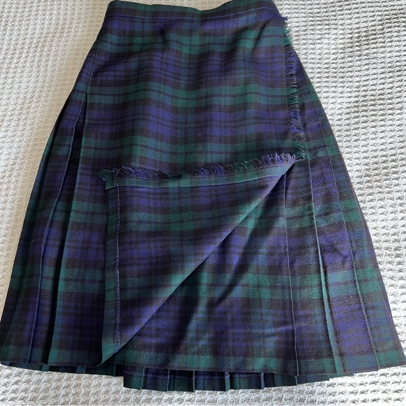 Highland Home Industries Wool Wrap Skirt Womens 12 Green Navy Plaid Scotland - Picture 7 of 10